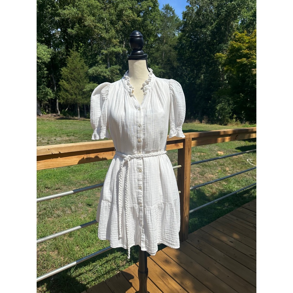 Gap White Gauze Mini Dress Puff Sleeve Ruffle Neck Size S Coastal Feminine Beach